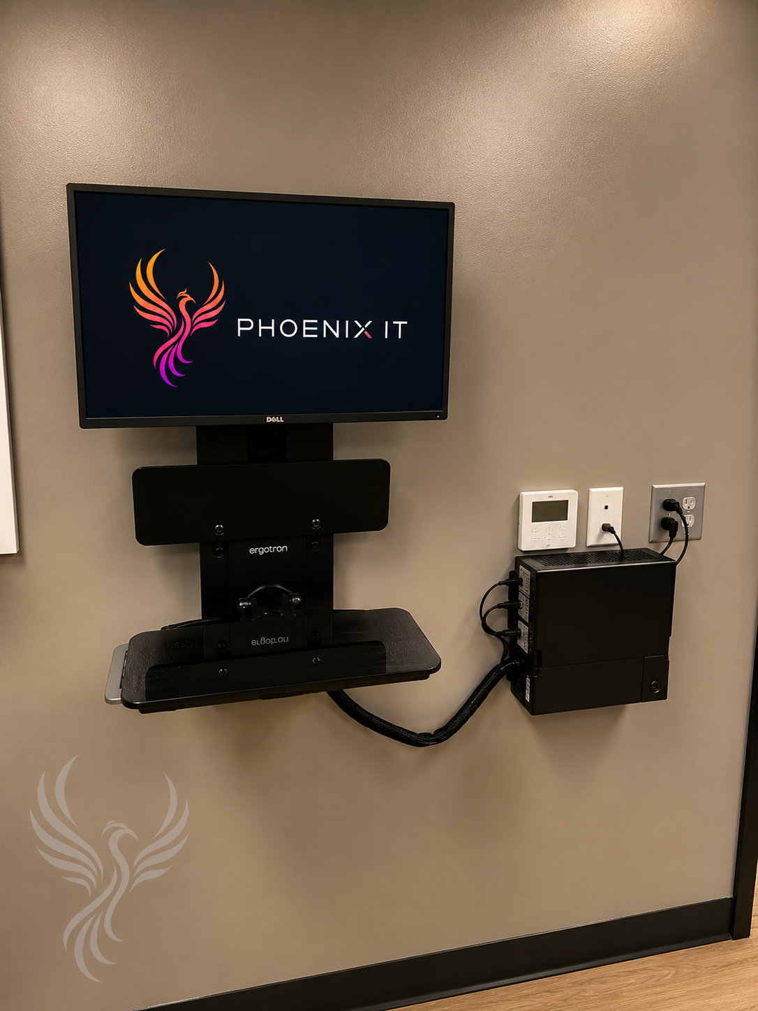 A wall-mounted exam-room workstation with tucked cabling installed by Phoenix IT