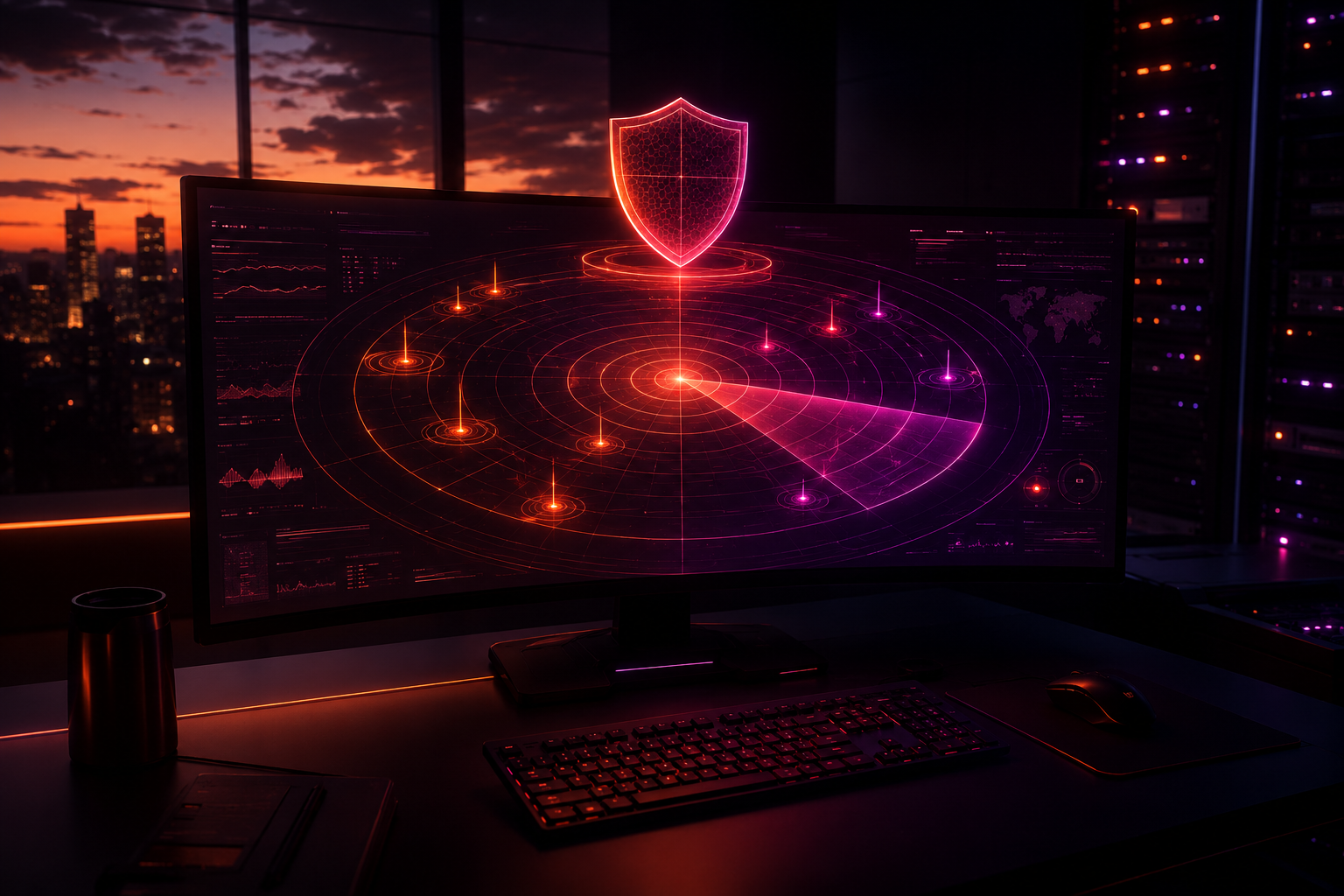 A security operations desk at dusk — holographic threat radar with a glowing shield above the screen
