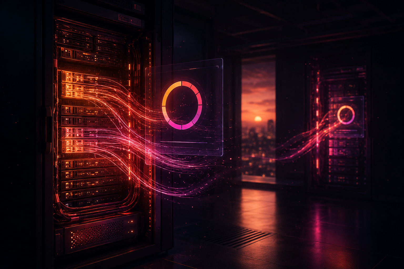 A dark server room reigniting — data streaming back into a glowing rack, restore ring nearly complete, replica rack beyond