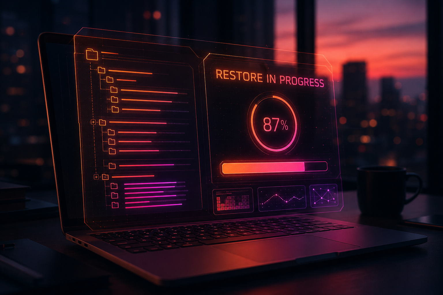 A laptop restoring practice files — holographic restore-in-progress interface at 87%