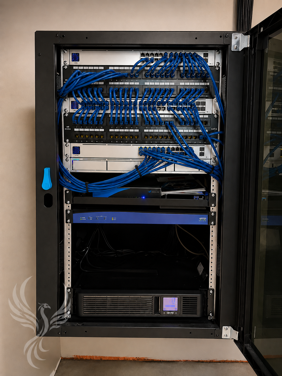 A Phoenix IT-built network cabinet with organized, labeled cabling